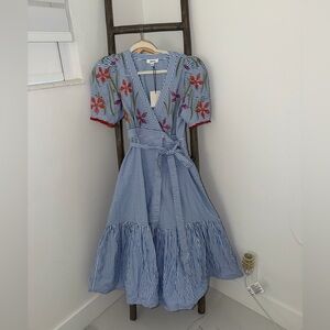 Chic Blue Striped Midi Dress with Embroidered Floral Details